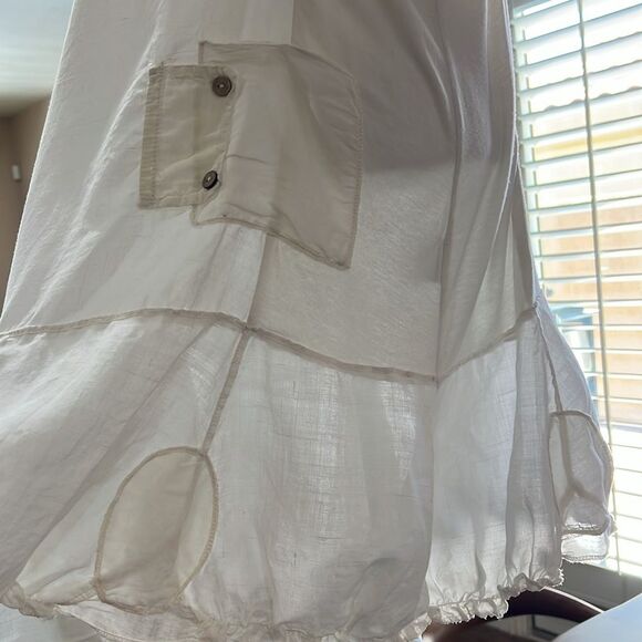 Boho Creme Sleeveless Dress L Floral Appliqué Balloon Hem Milkmaid Lagenlook - Picture 3 of 12